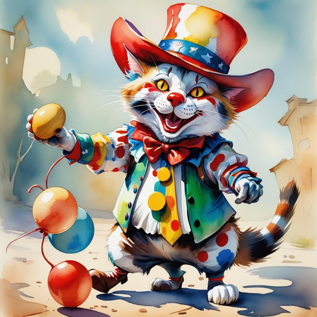 Clown Cat and Cowboy Mouse: Whimsical Watercolor Art