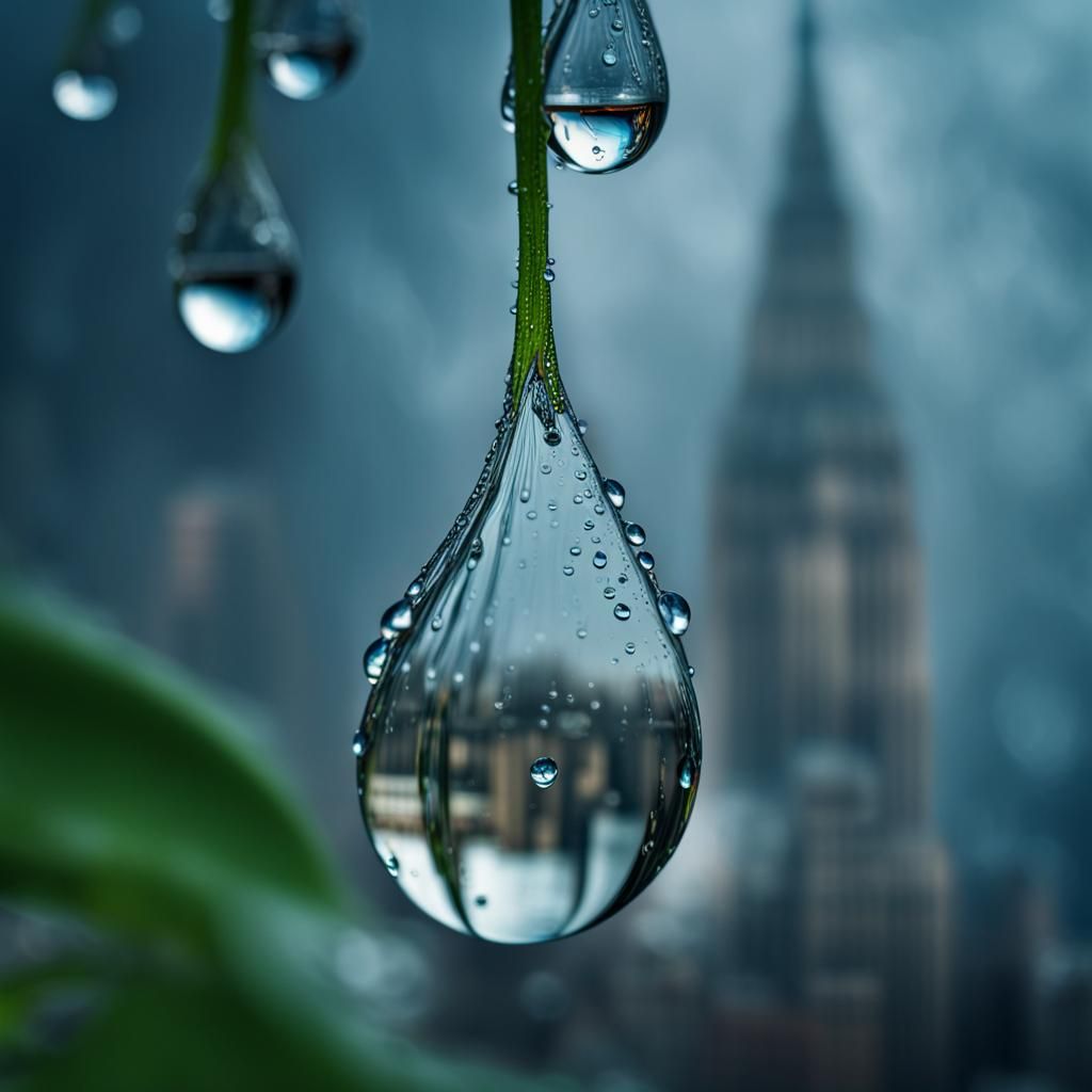 City in a Raindrop: Hyperrealistic Fantasy Composition