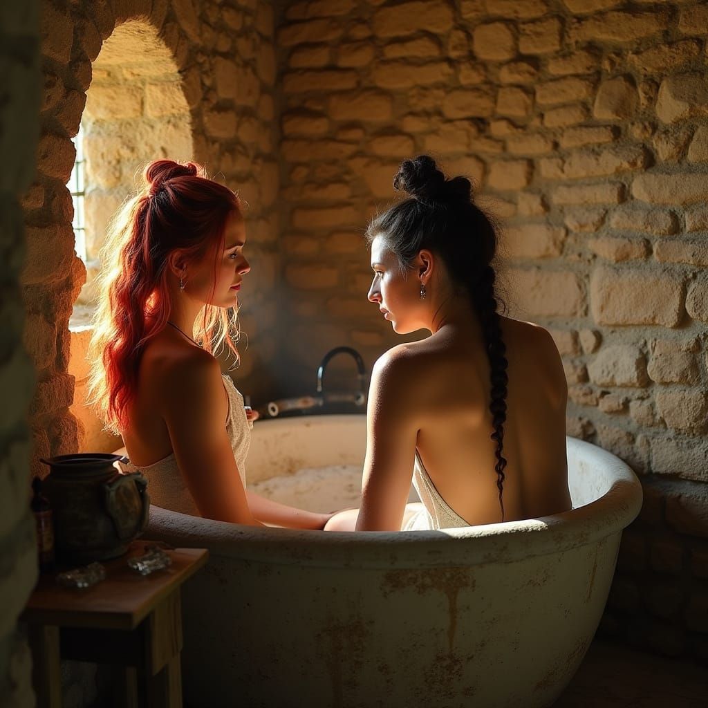 Women in Medieval Sauna with Warm Stones in a Cozy Bathhouse
