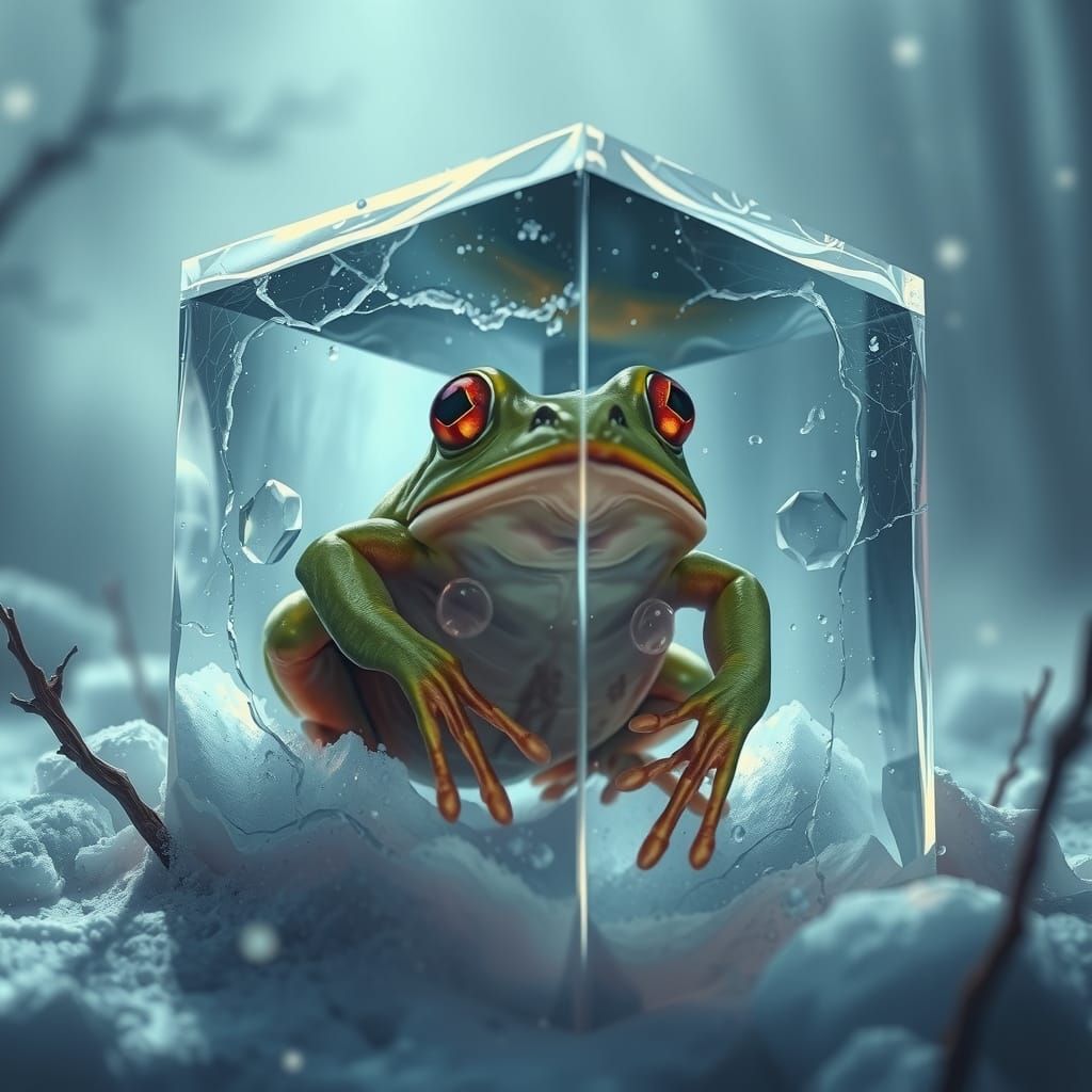 Shocked Frog Encased in Ice, Winter Scene