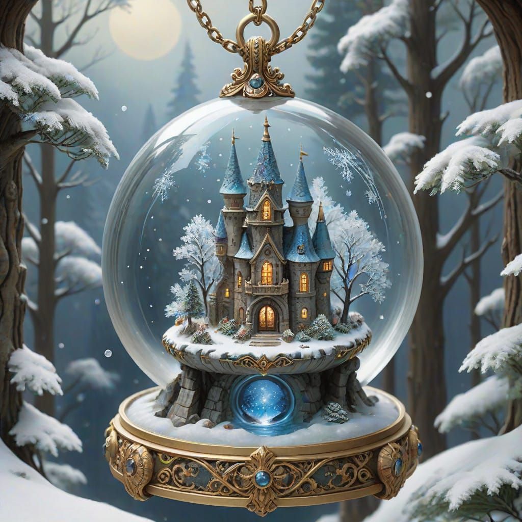 Golden Castle Pendant with Snow Globe Scene of Whimsical Sor...
