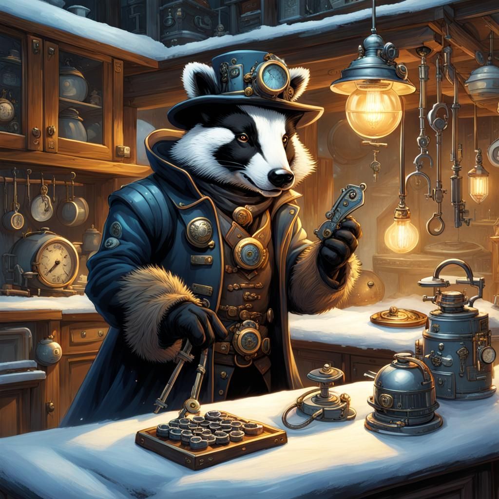 Steampunk Badger Burglar in Snowy Winter Kitchen