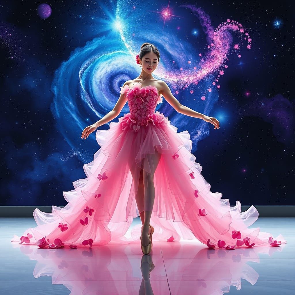 Ballerina in Floral Dress Against Cosmic Sky