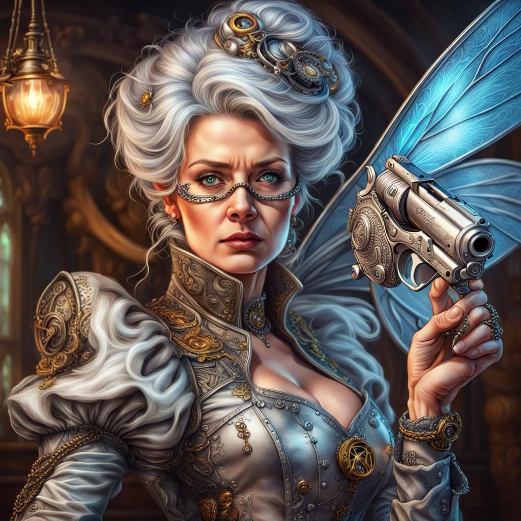 Steampunk Fairy Godmother drawing a silver Aether-pistol on her foe, Hyperrealistic, splash art, concept art, mid shot...