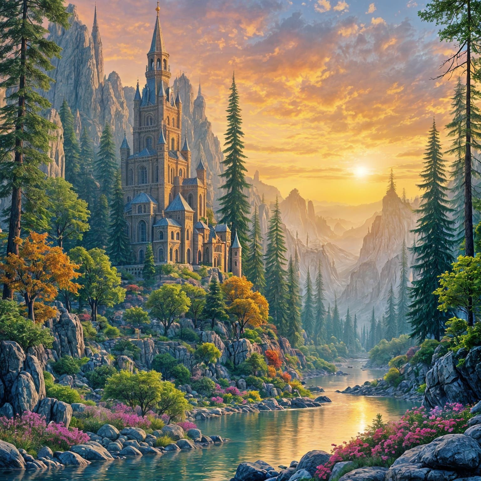 Dreamlike Futuristic Church at Sunset Poster Art