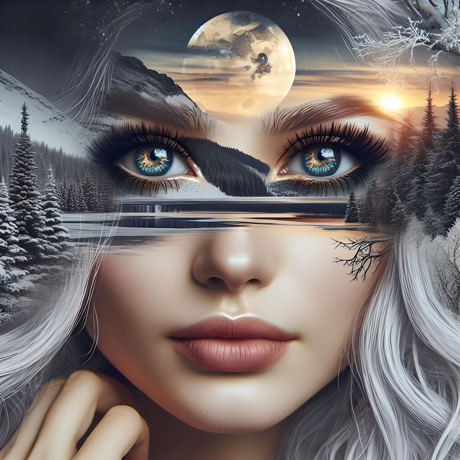 Double Exposure: Woman with Winter Landscape