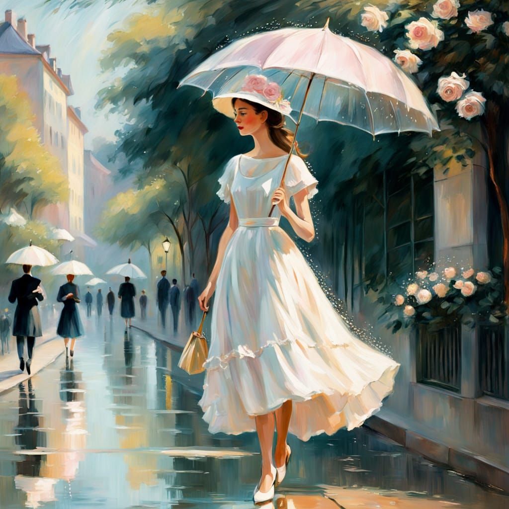 Elegant Woman Strolls Down a Wet Street in Soft Impressionis...