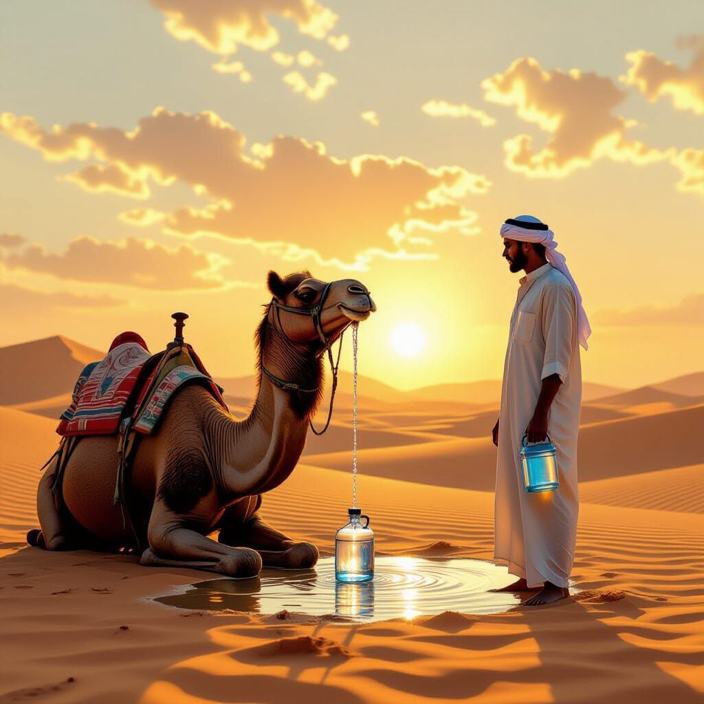 Sweating Camel Begs Man for Water in Desert