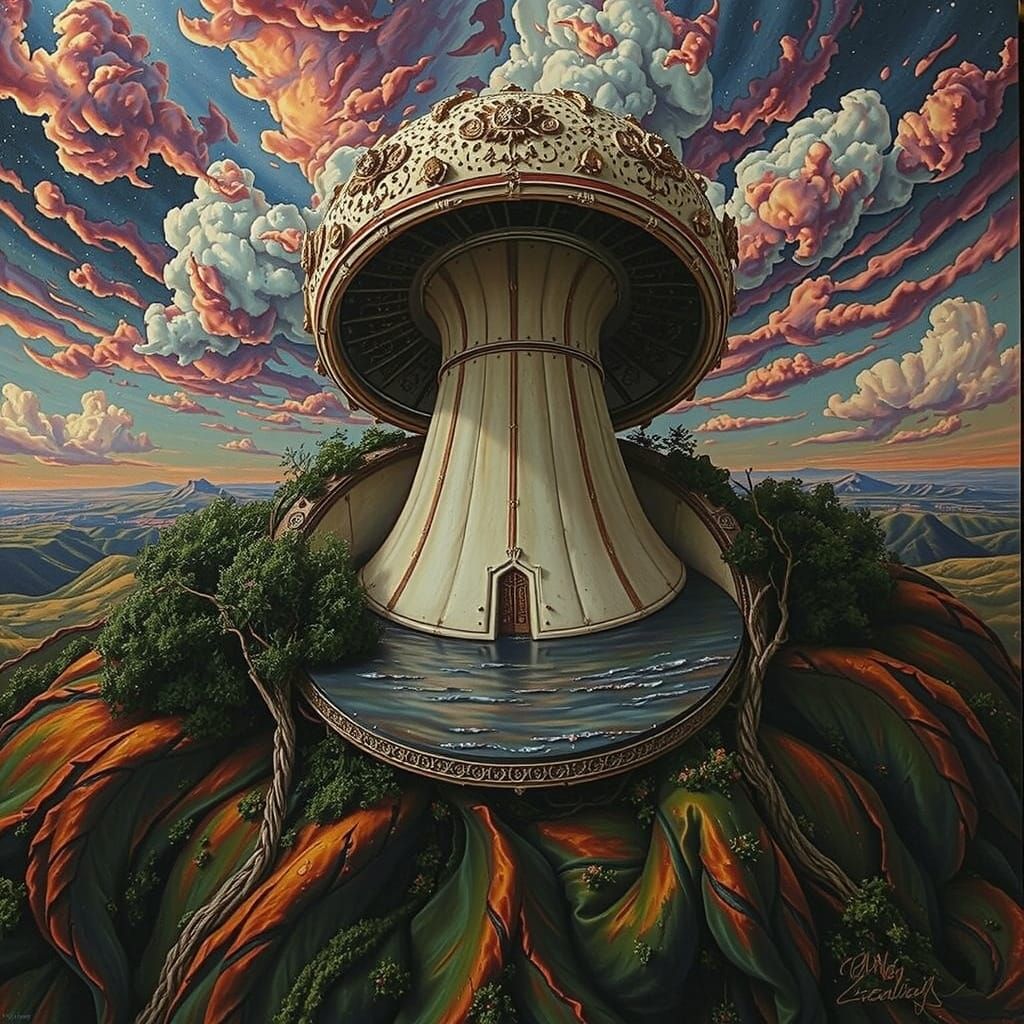 Dreamlike Amoeboid Landscape Painting in Pink, Blue, and Whi...