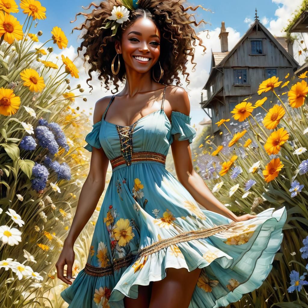 Happy Black Girl in Summer Flowers, Anime Style