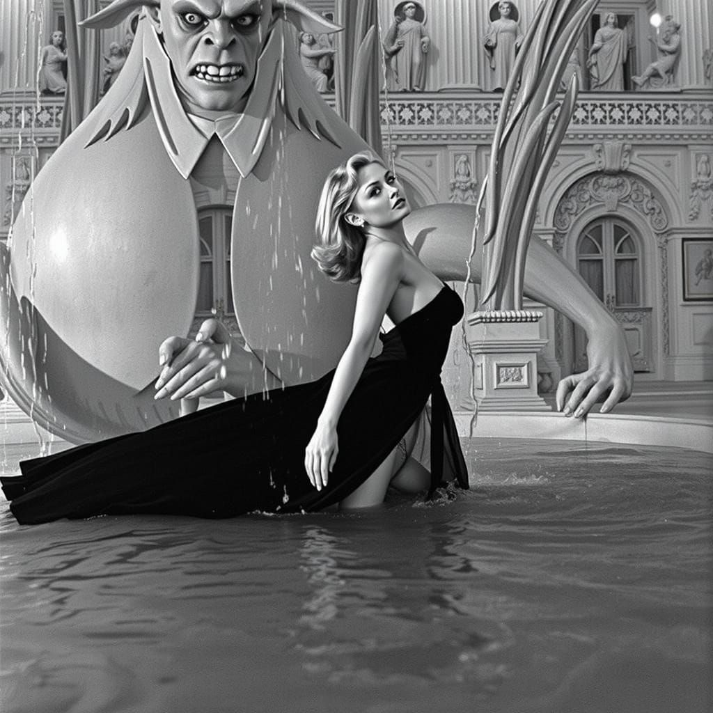 Seductive Siren Menaced by Dark Goblin in Film Noir Style