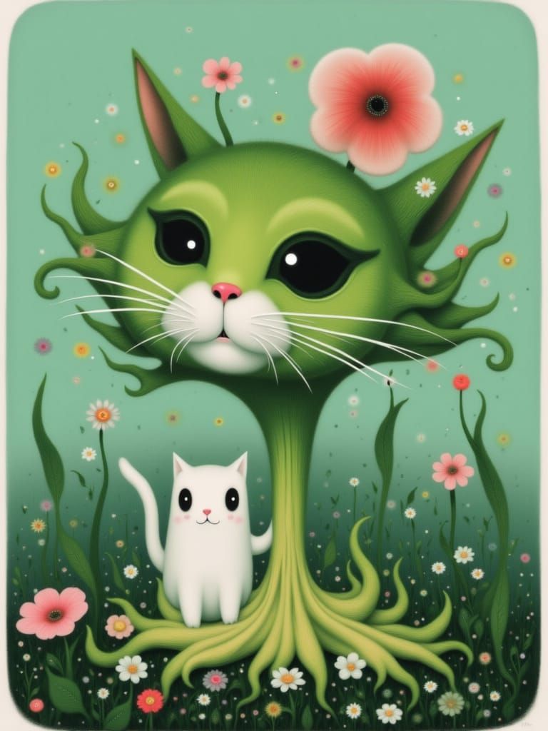 Surreal Cat Slug Hybrid in Abstract Spinach Landscape