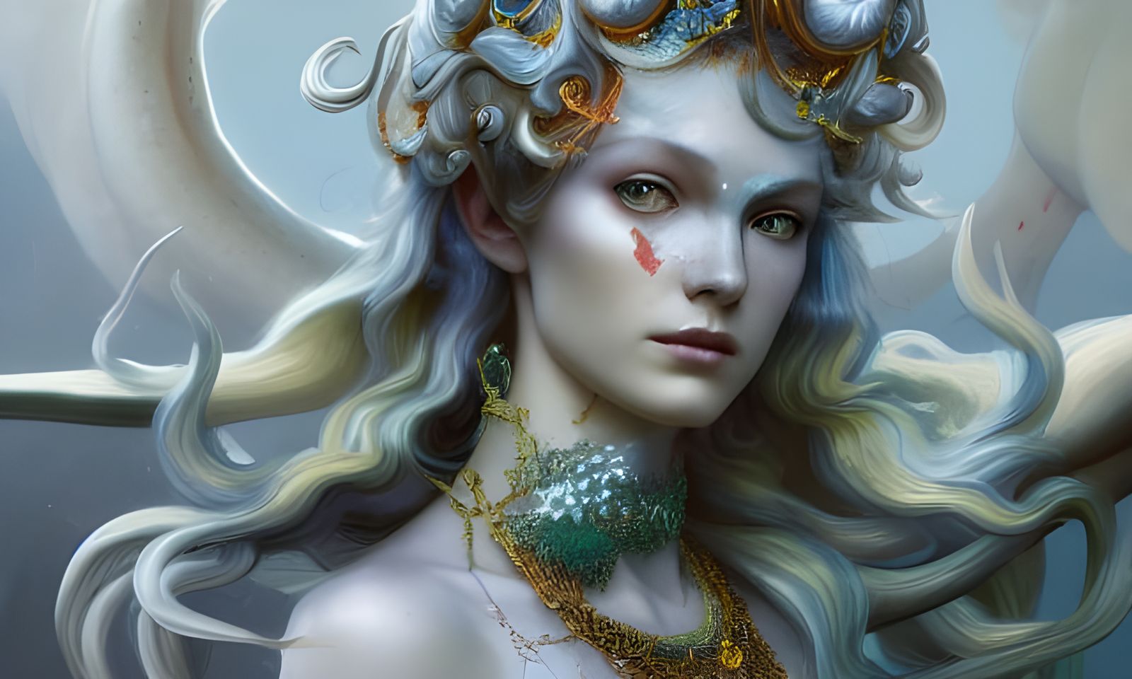 Portrait of Titania the silver Elf Queen, art nouveau rococo...