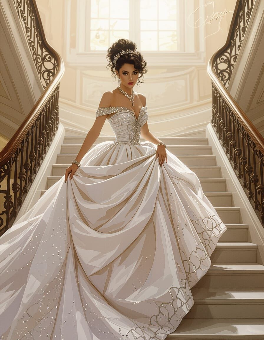 Woman in Ballgown Descends Stairs in Opulent Style