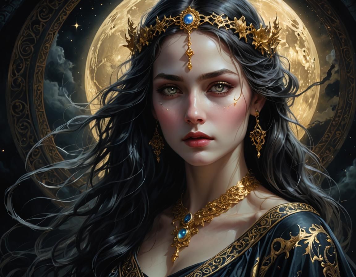 Gothic Moon Goddess Portrait in Chiaroscuro Style