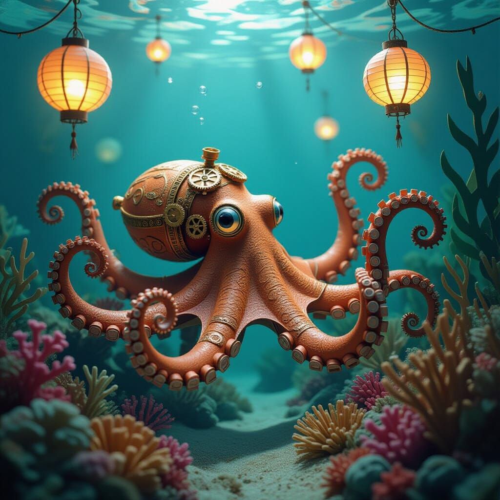 Steampunk Octopus Navigates Paper Coral Reef