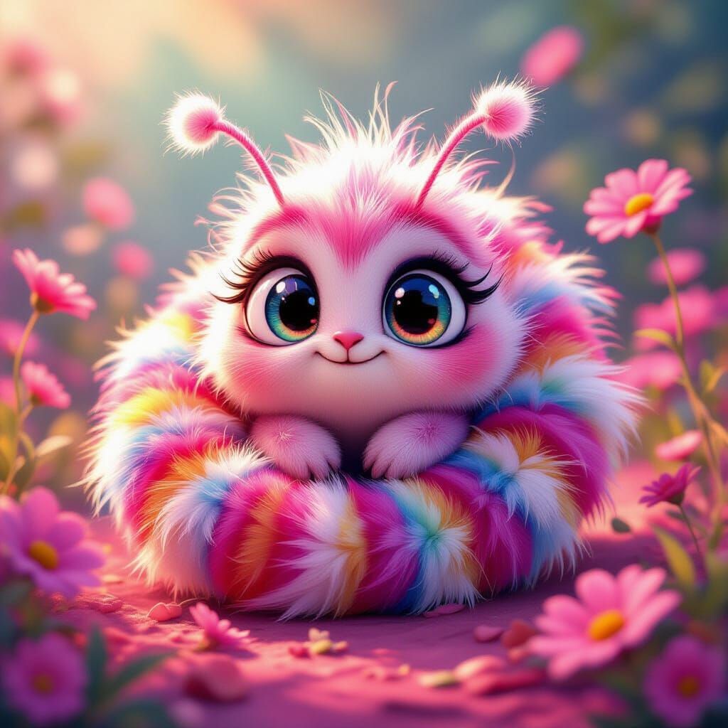 Vibrant Fluffy Caterpillar in Whimsical Pink Garden
