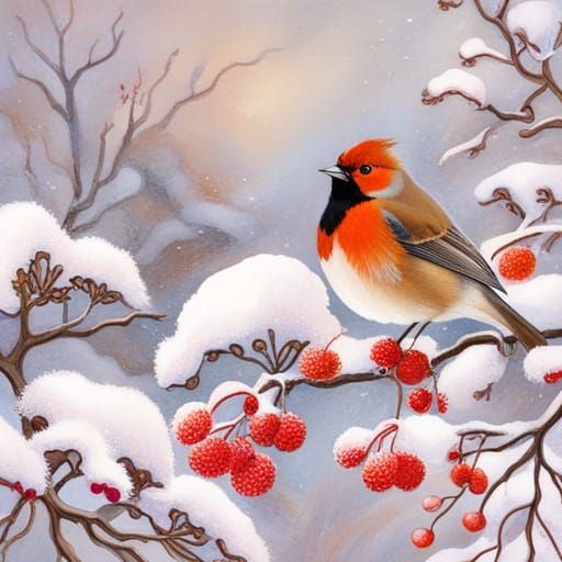 Bird Among Winter Berries: Botanical Surrealism