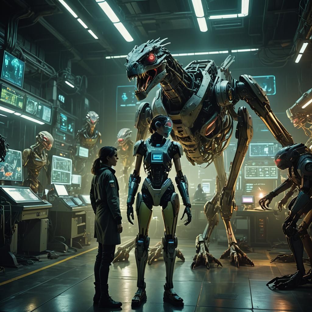 Cyberpunk Geneticist Inspects Creature in Neon Lab
