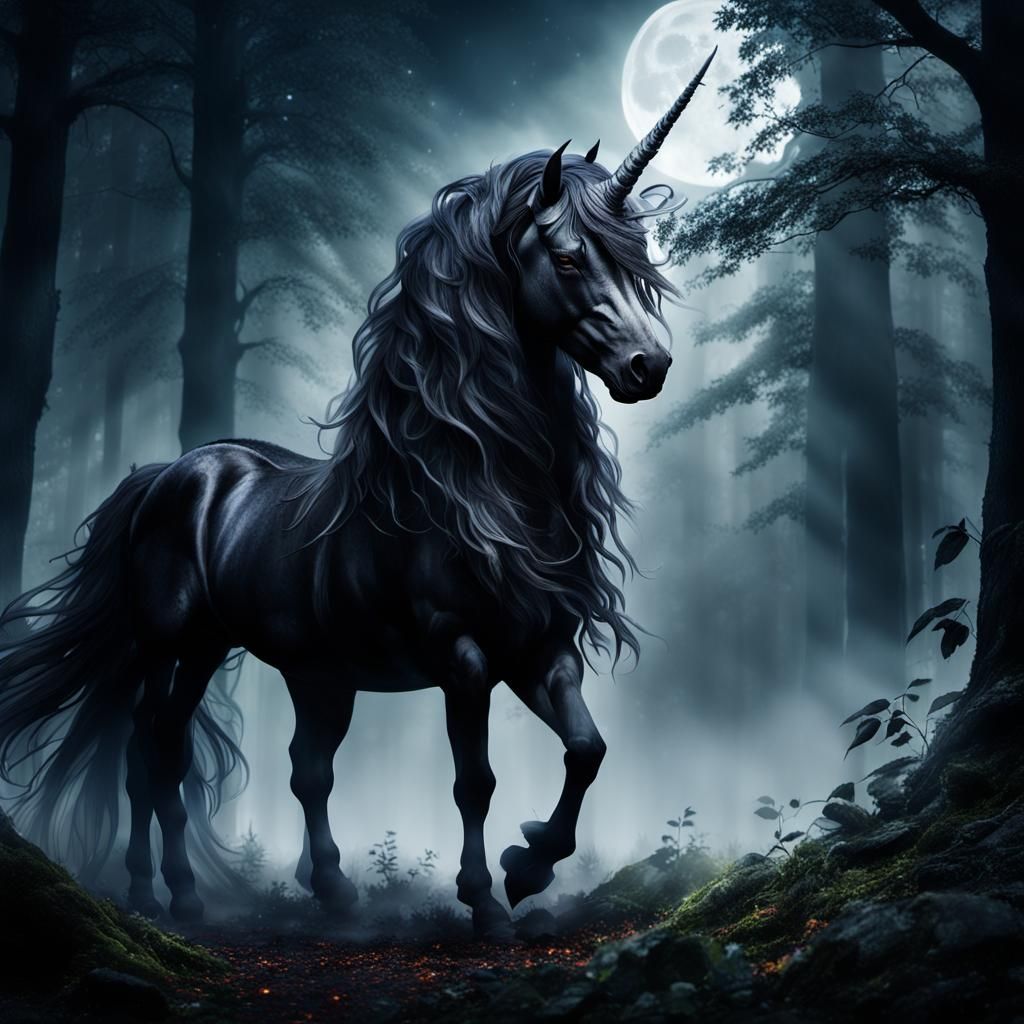 Majestic Black Unicorn in Moonlit Forest