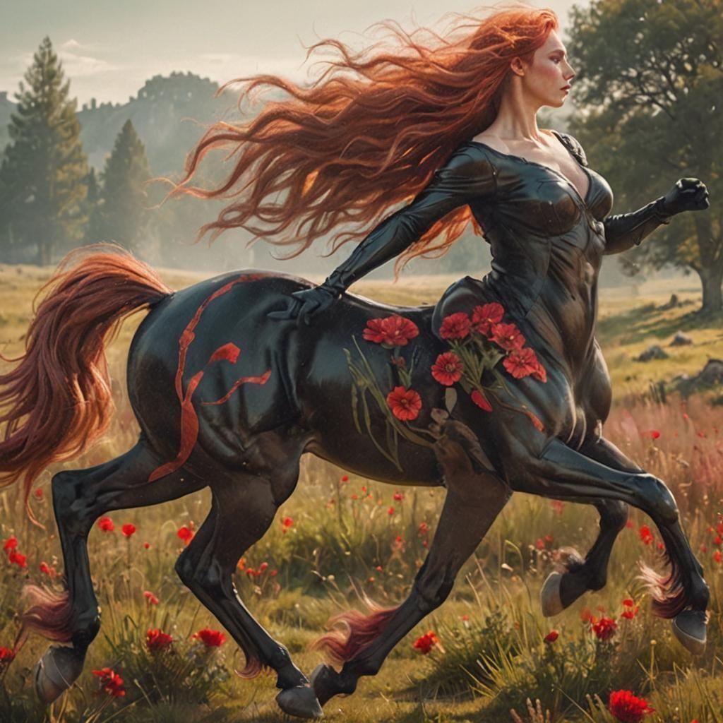 Galloping Centaur with Red Hair in Fantasy Meadow