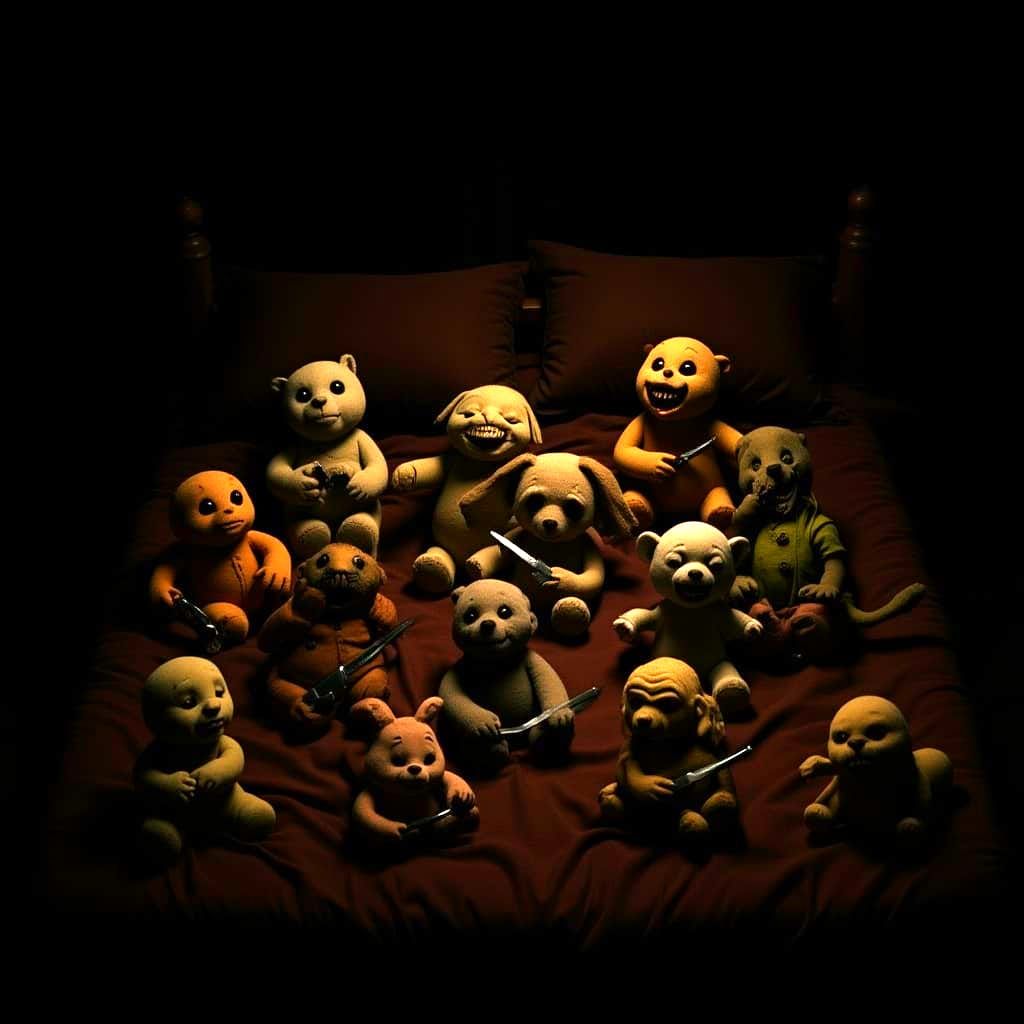 Horror Bedscape With Stuffed Animals and Knives in Tim Burto...