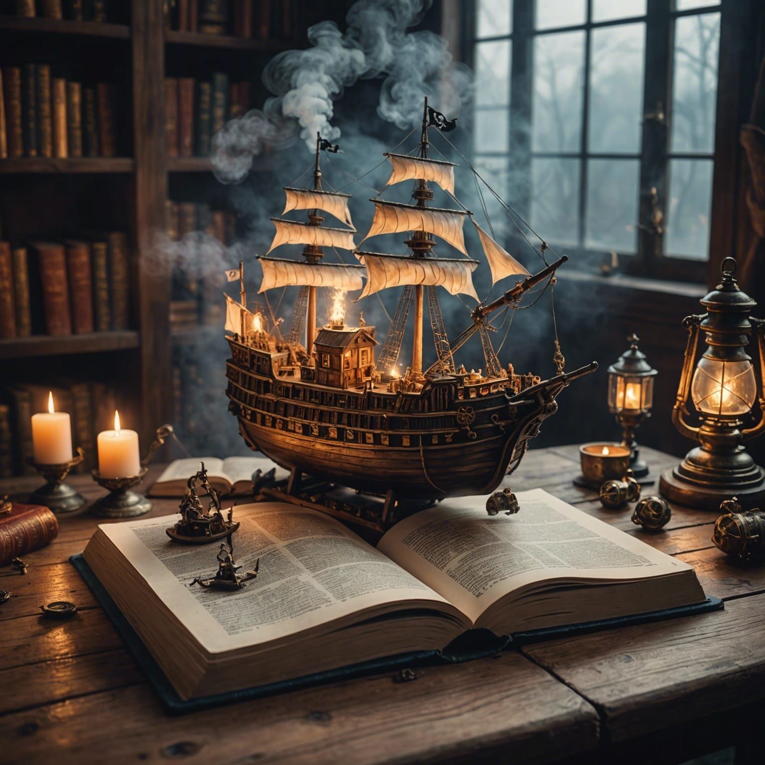 Magical Realism Book with Pirate Ship in Fog