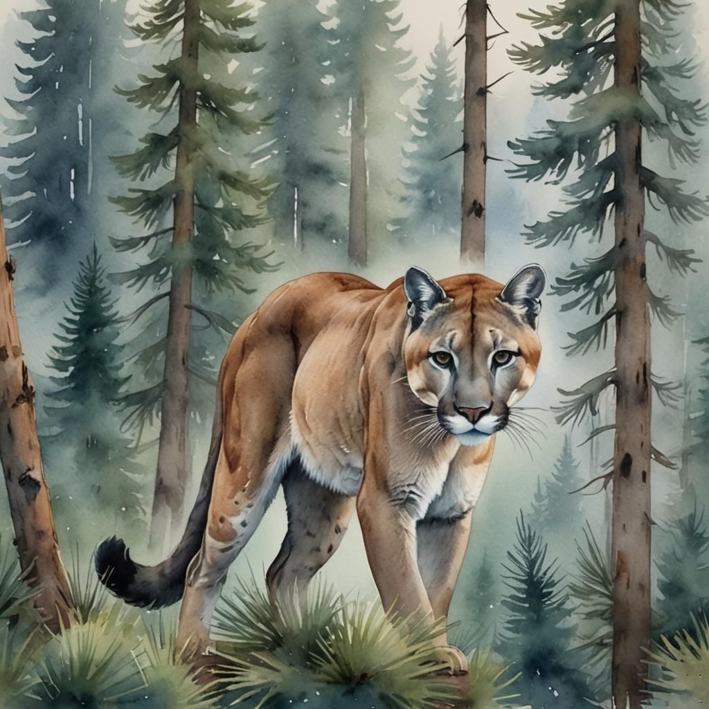 Watercolor Cougar in Misty Pine Forest