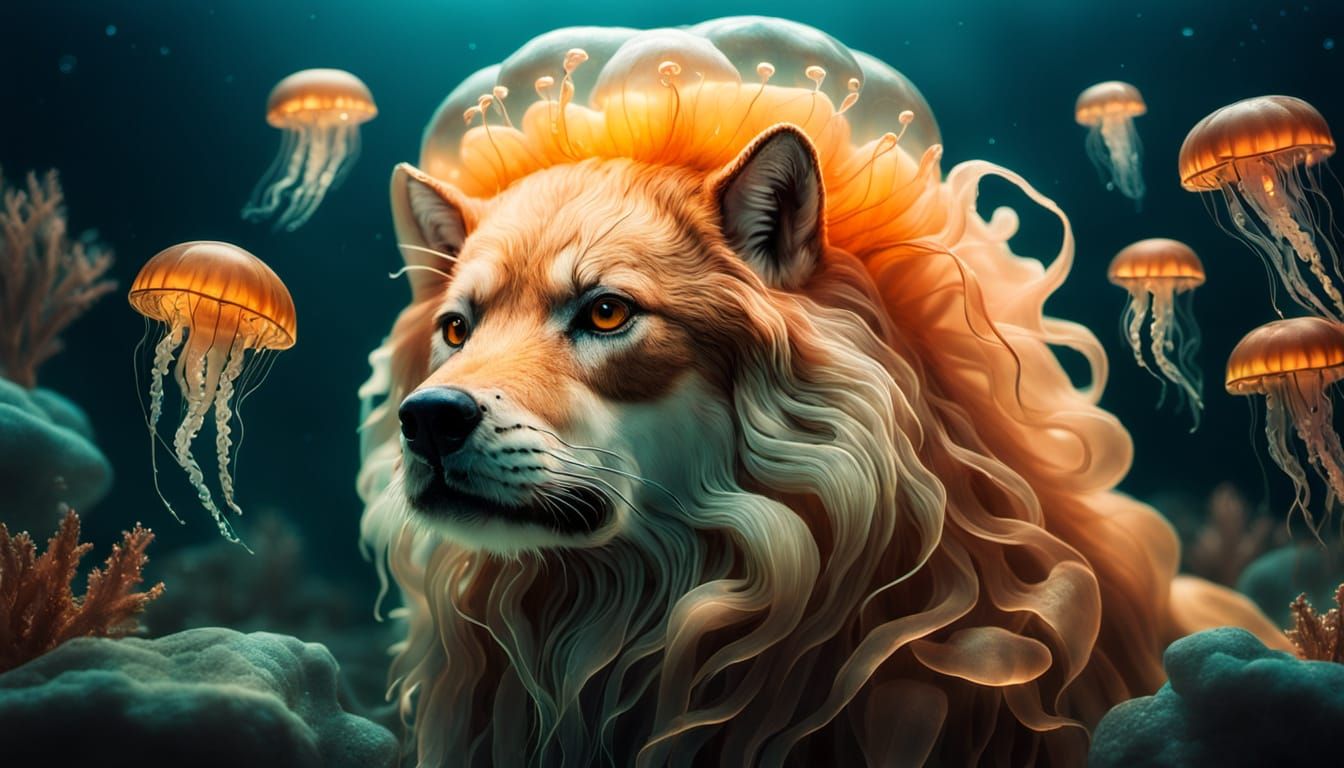 Surreal Jellyfish Wolf Underwater Scene