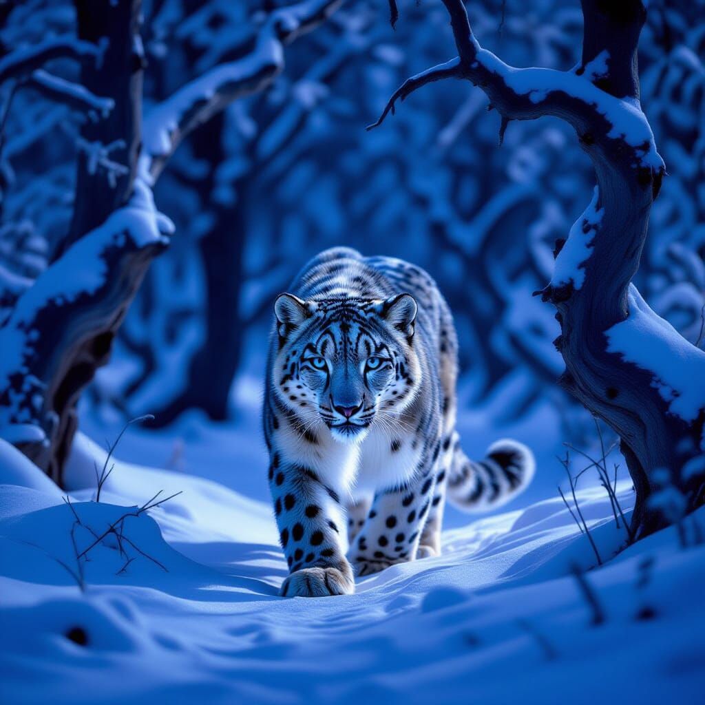 Majestic Snow Leopard in Ethereal Midnight Forest