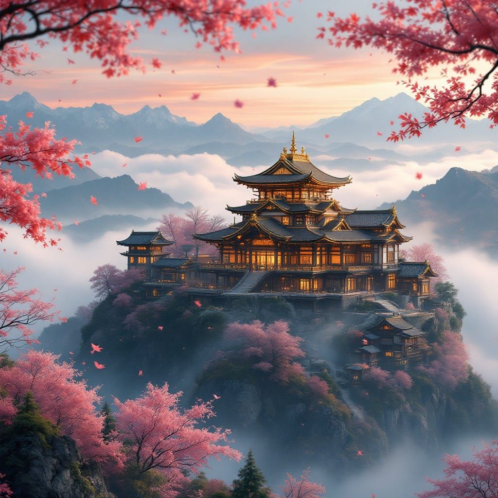 Majestic Japanese Mansion on Misty Mountain in Autumn