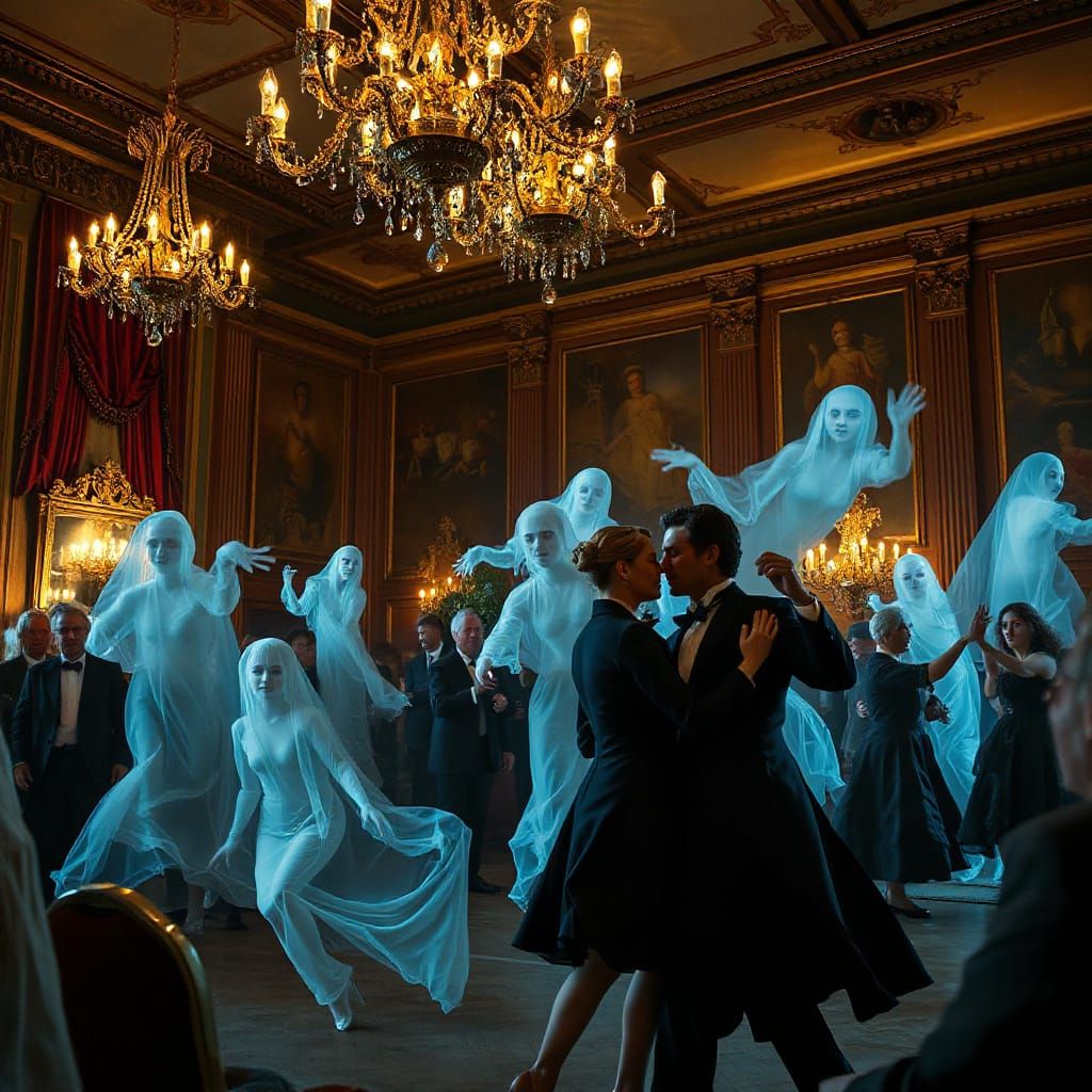 Elegant 19th Century Ball with Dancing Couples and Ghosts