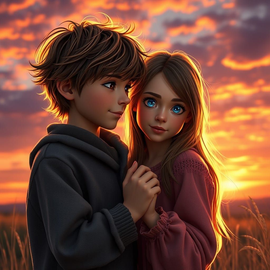 Tender Moment at Sunset in a Whimsical Landscape