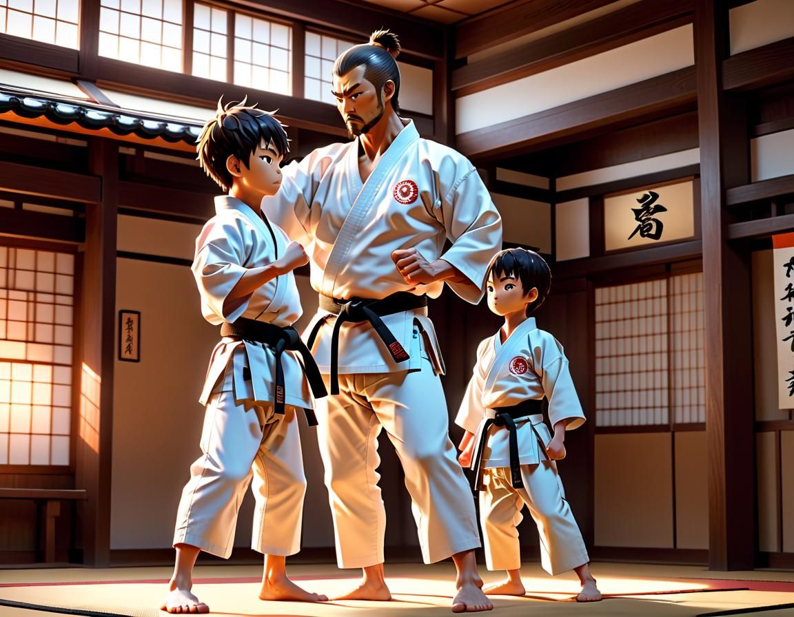 Father and Son Karate Training in Dojo