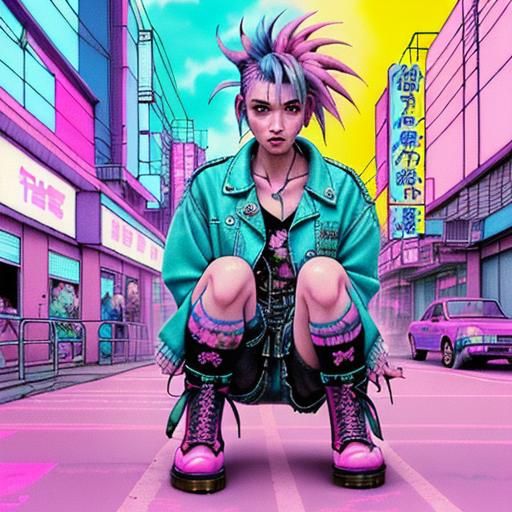 Japanese Punk in Vaporwave Watercolor Illustration