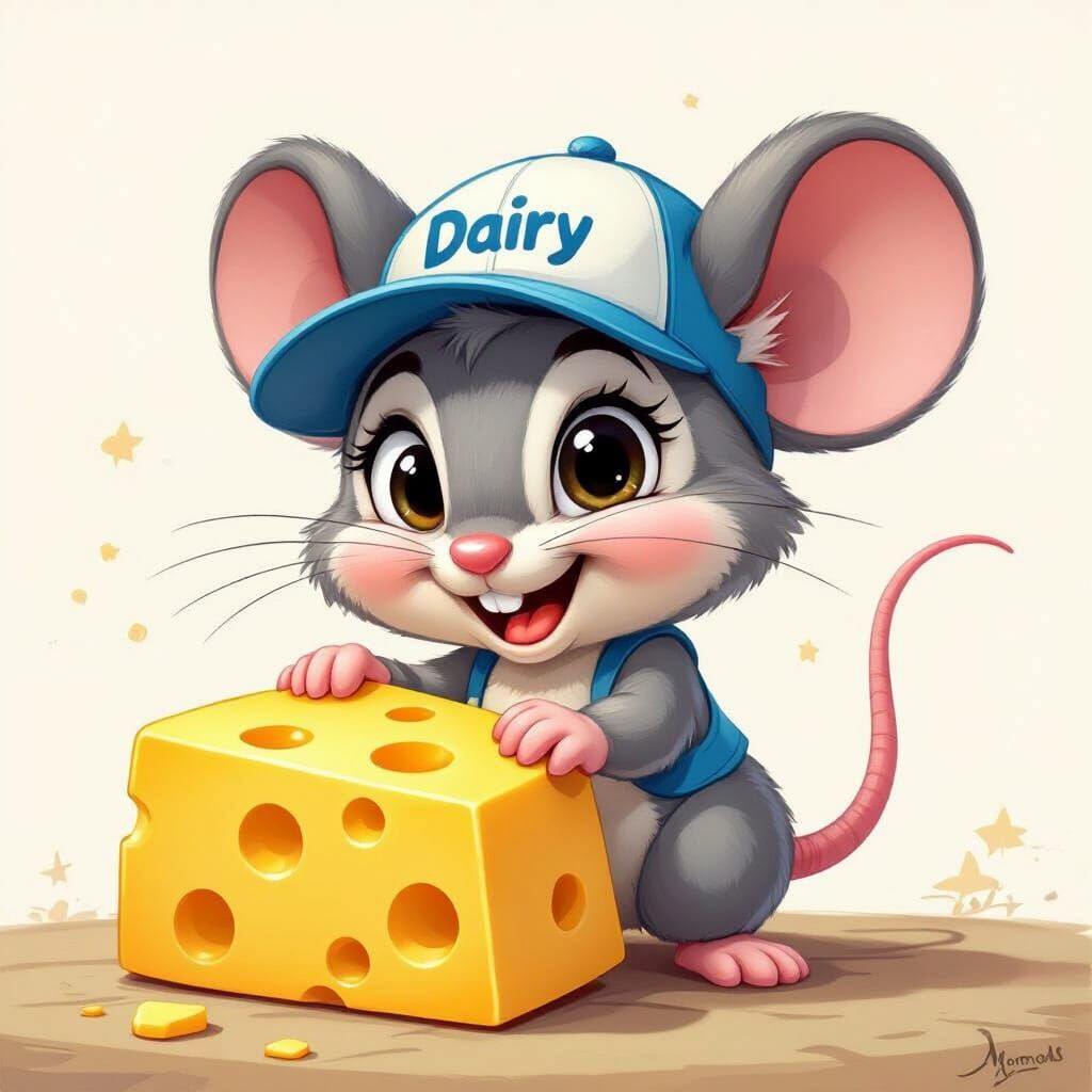 Cheerful Mouse Mascot Controls Cheese Wedge