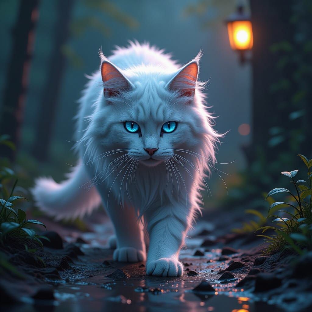 White Cat with Ghostly Blue Eyes on Damp Soil