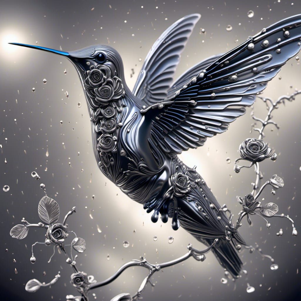 Hummingbird and Silver Rose in X-Ray Art Style