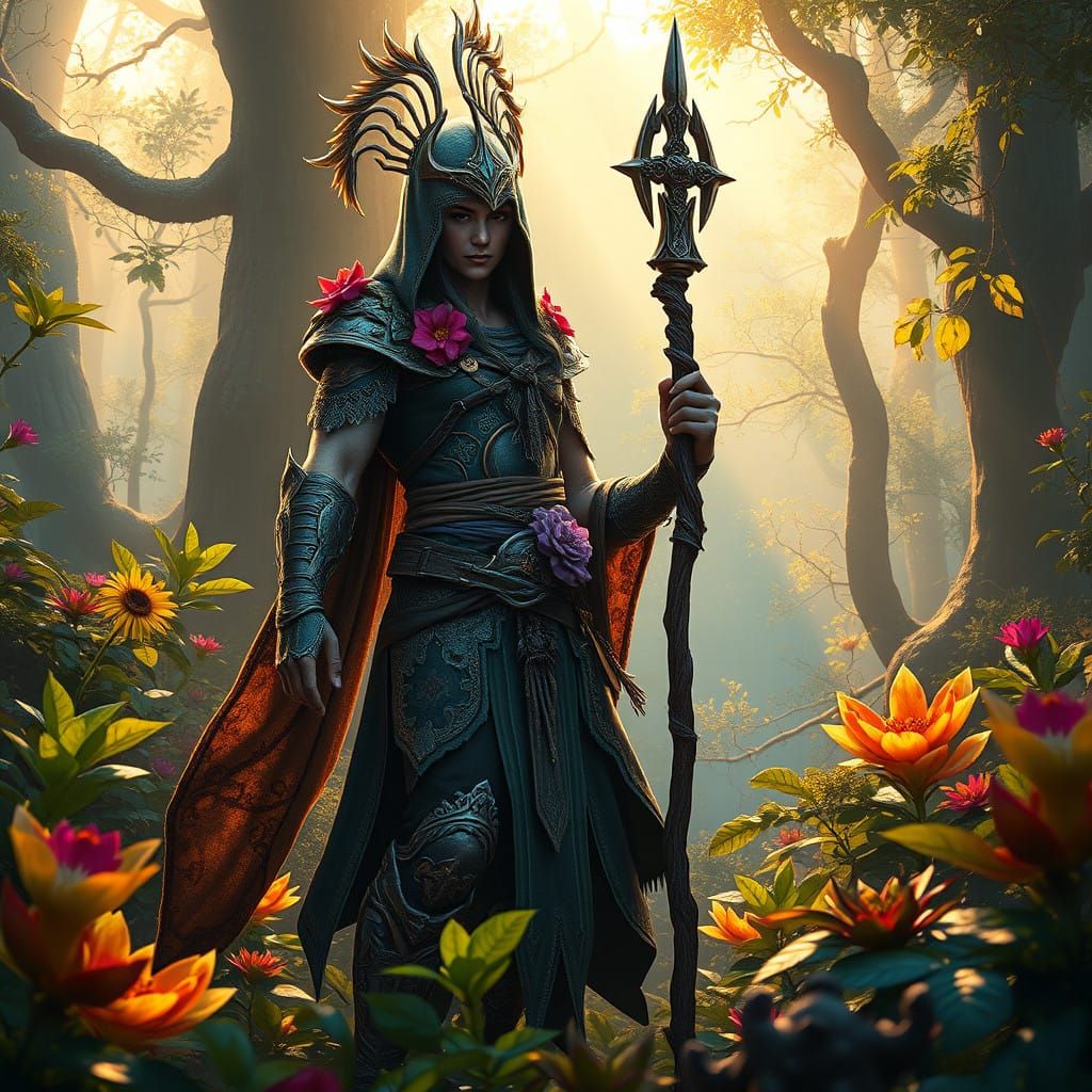 Surreal Vegan Warrior in Lush, Iridescent Forest