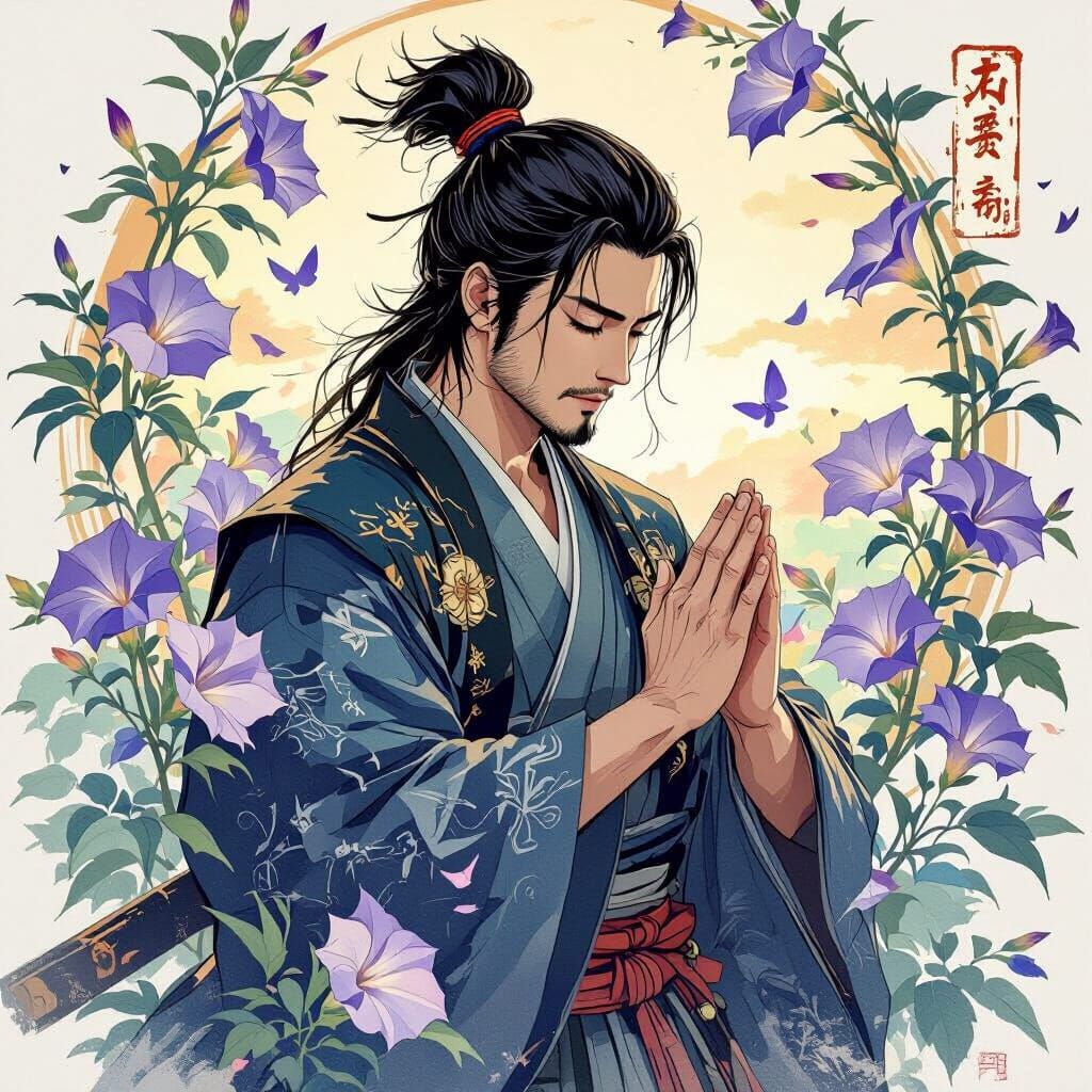 Samurai Praying in Ukiyo-e Style with Morning Glories