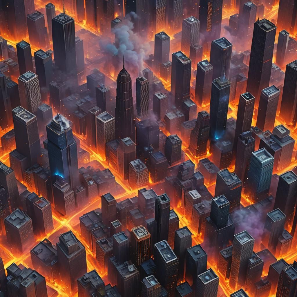 Cityscape Engulfed by Fiery Rainbows: Fantasy Concept Art