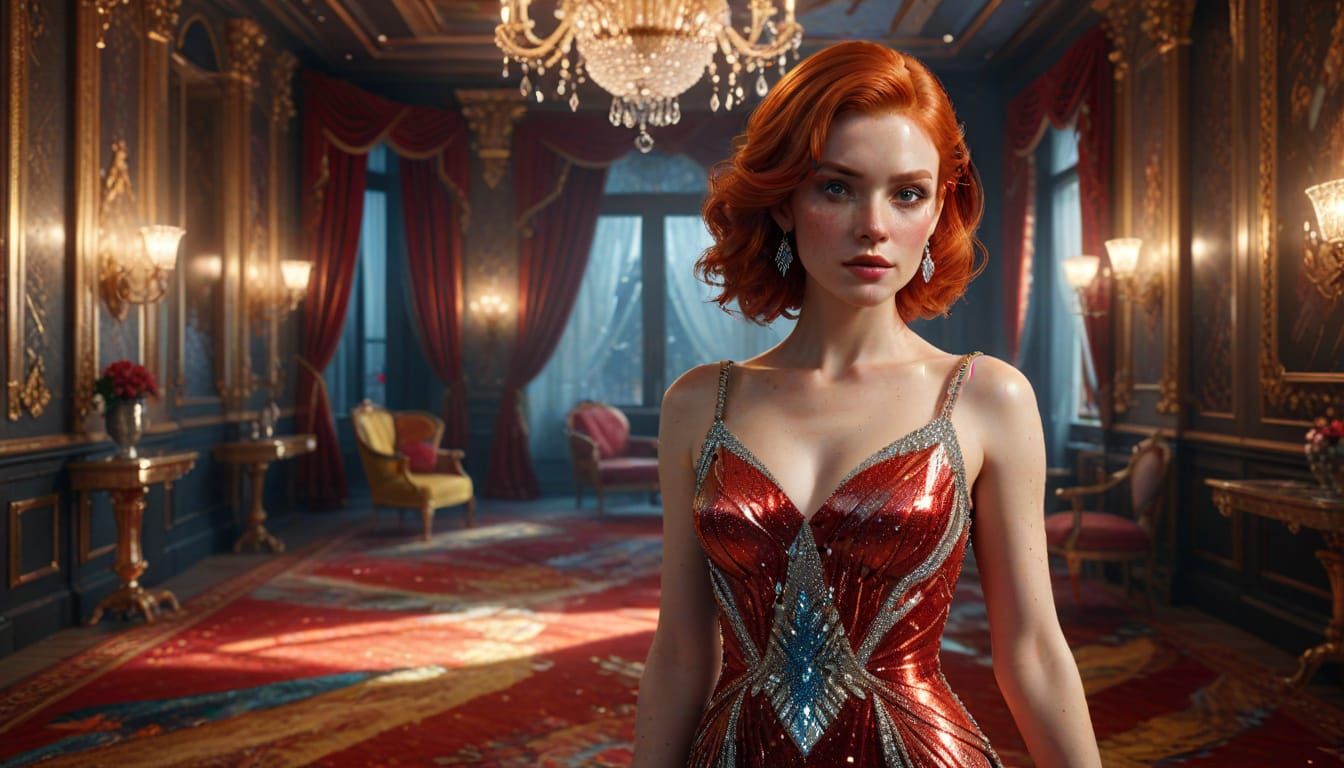 Sultry Redhead Goddess Captivates in Sparkling Diamond Gown