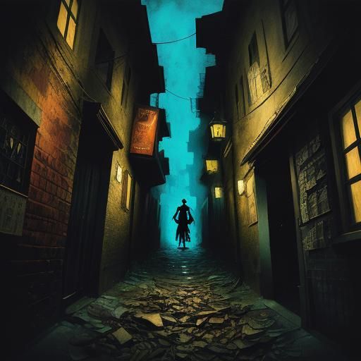 Newspaper Demon in Chagall-Burton Style Alleyway