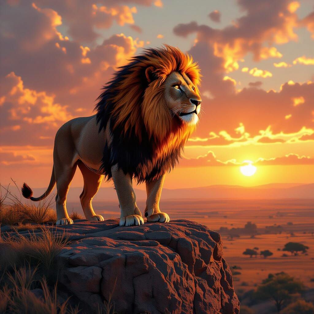 Majestic Lion with Fiery Mane Overlooking Savannah