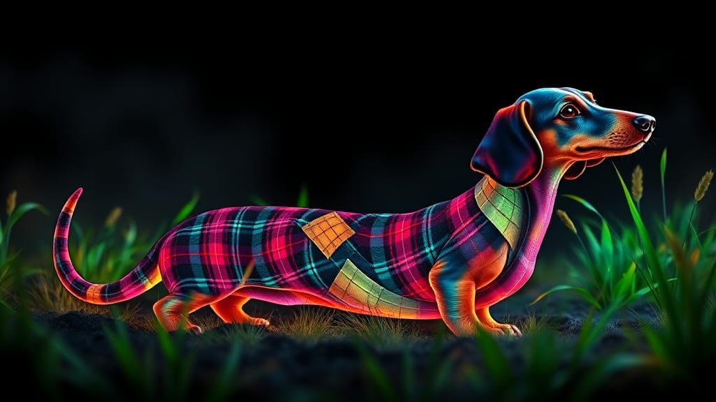 Serpentine Dachshund in Surreal Plaid Landscape