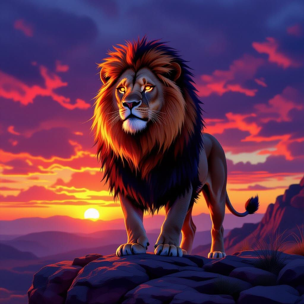 Fiery Lion on Rocky Crag at Sunset
