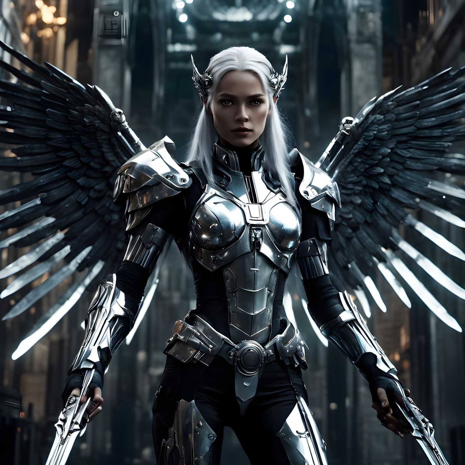 Cybernetic Goddess in Chrome Armor with Wings, Holding Sword...