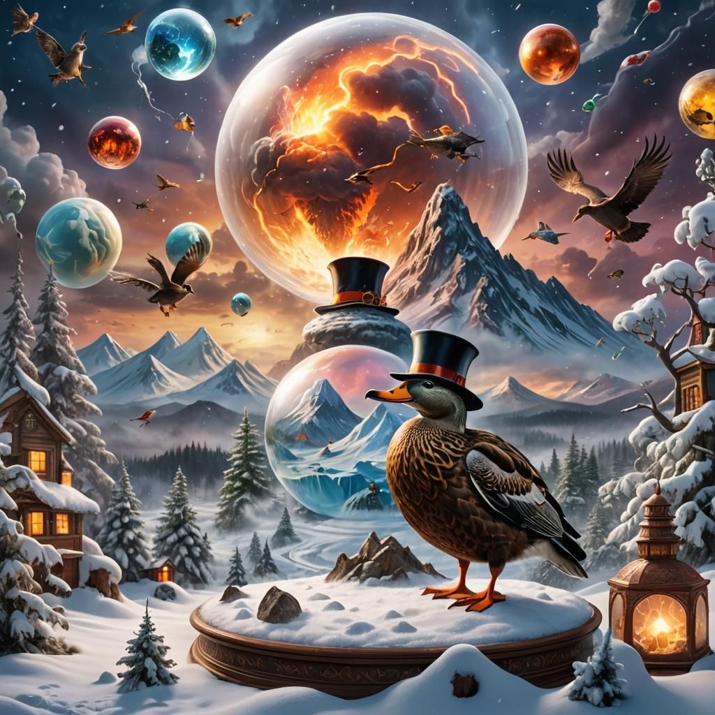 Whimsical Duck in a Snow Globe: Fantasy Concept Art