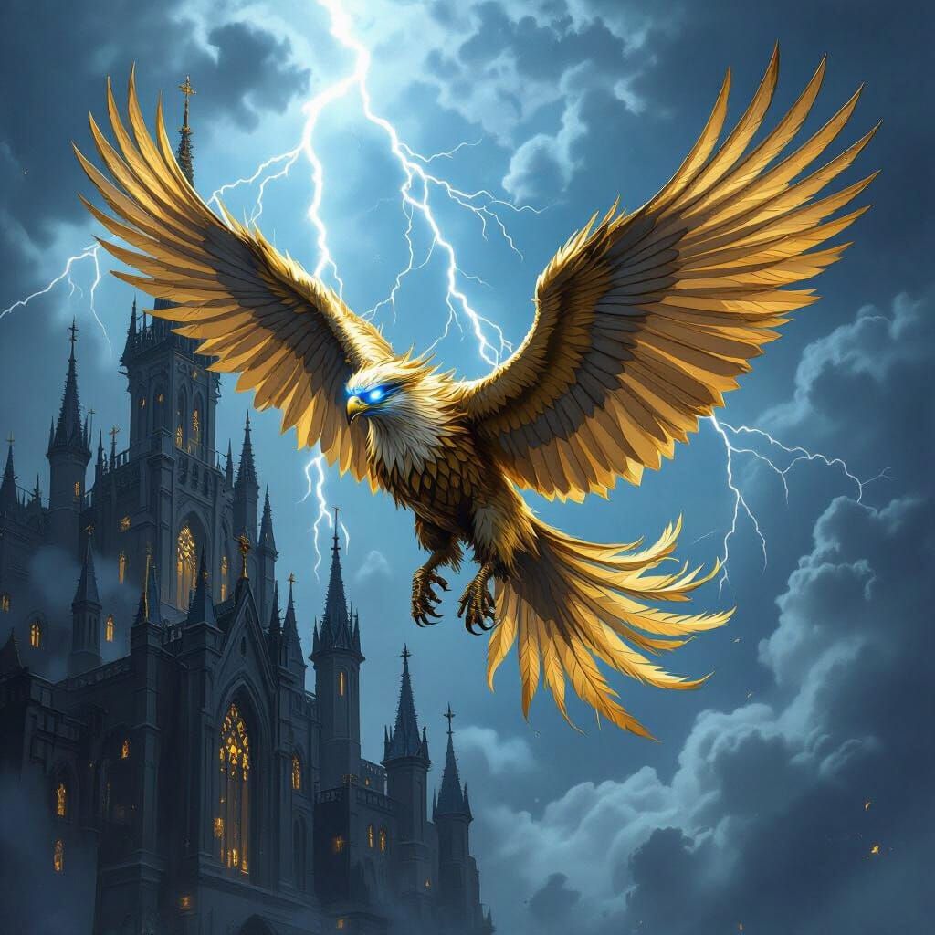 Griffin Soaring Above Gothic Castle in Dark Fantasy Style