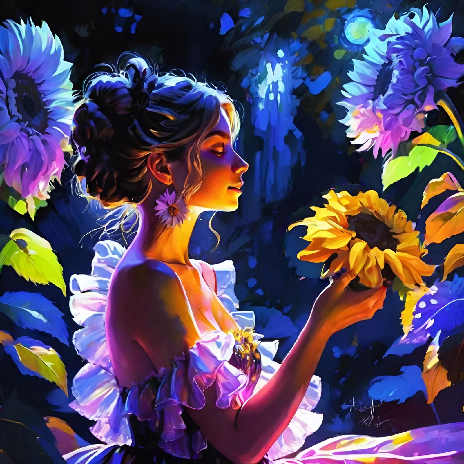 Sunflower Lady in Amber Foil, Detailed Fantasy Art